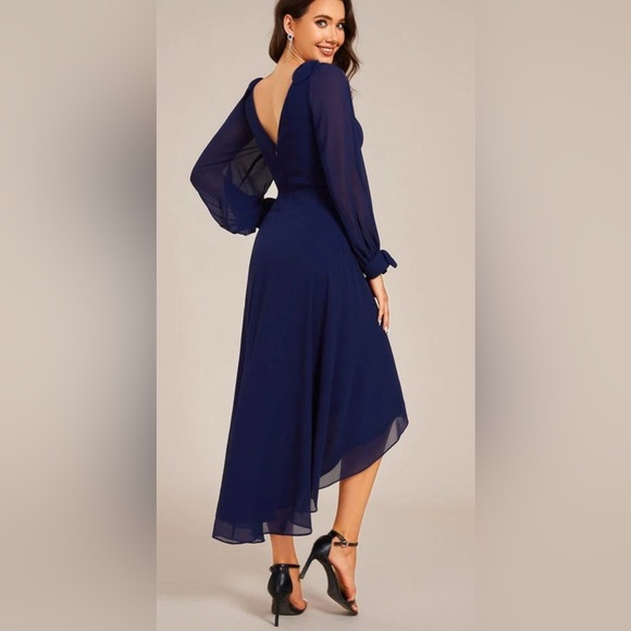 Ever Pretty Longsleeve V-Neck Midi Chiffon Dress Sz 12 Navy Wedding Fairy NWT - Picture 2 of 5